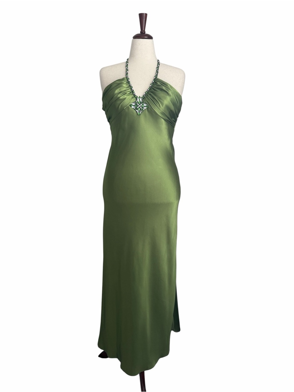 Dave & Johnny Olive Green Beaded Halter Evening Gown Prom Dress Size S VTG Y2K